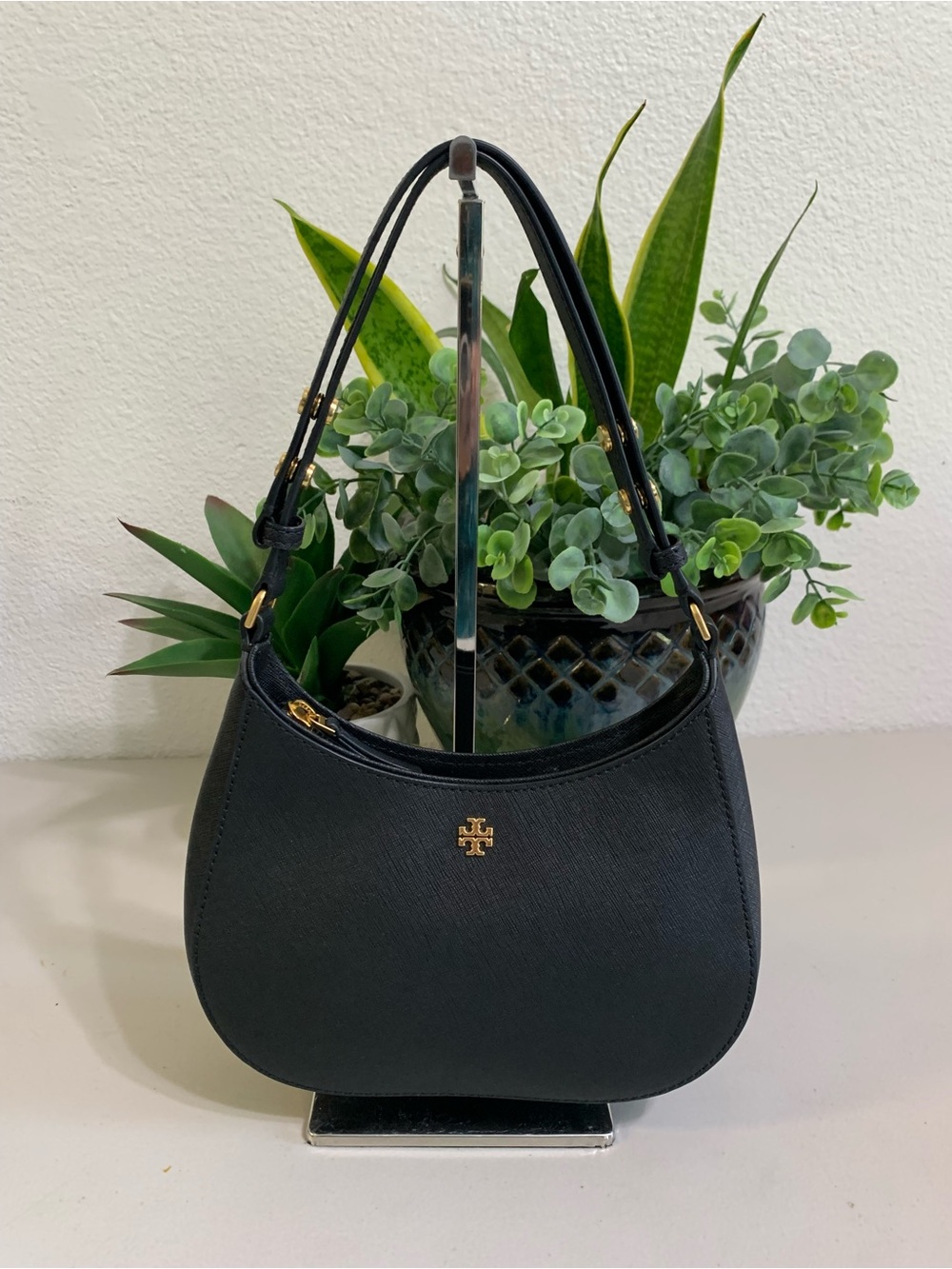 👜💕 Tory Burch Black Saffiano Crescent Shoulder Bag with Gold Logo